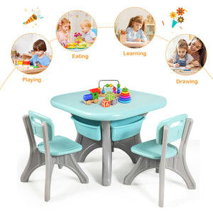 3-piece plastic children play table and chair set for indoor and outdoor use, shown from angle 16.