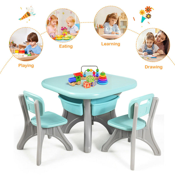 3-piece plastic children play table and chair set for indoor and outdoor use, shown from angle 16.