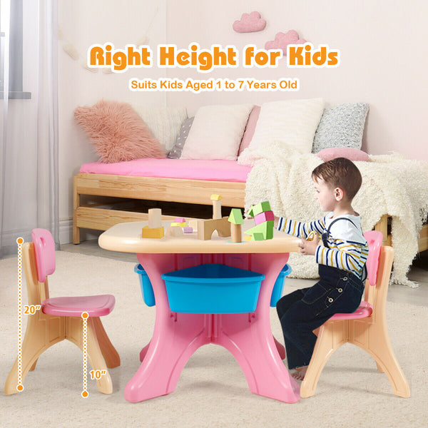 Colorful 3-piece plastic play table and chair set for kids, perfect for indoor and outdoor fun.