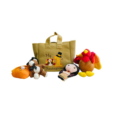My First Thanksgiving Toy set with plush turkey, teddy bear, and pumpkin pie for babies. Perfect holiday gift!