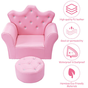Pink kids sofa with armrests and ottoman, perfect for playrooms and nurseries. Angle 5 view showcasing design.