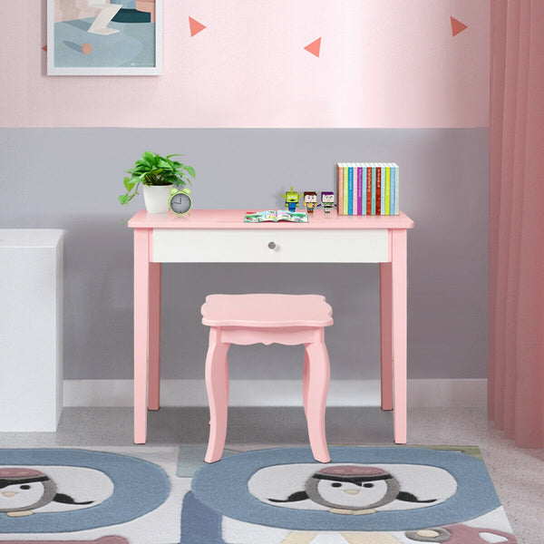 Kids Princess Makeup Dressing Table with Tri-fold Mirror and Chair, perfect for imaginative play in bedding and sleep.