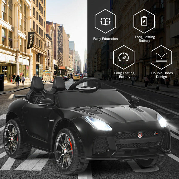 12V Jaguar F-Type SVR licensed kids ride-on car in angle 31 view, perfect for young car enthusiasts.