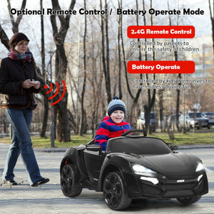 12V 2.4G RC electric vehicle with lights for kids, angle view showcasing design and features. Perfect toy for little drivers.