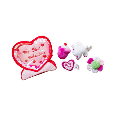 Valentine's Day Plush Fill & Spill Playset with 4 Mini Sensory Toys for babies: Cat, Heart, Flower, Cupcake.