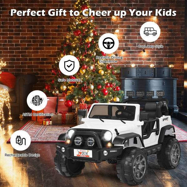 12V 2-seater ride-on car truck with remote control and storage, perfect for outdoor fun and adventure for kids.