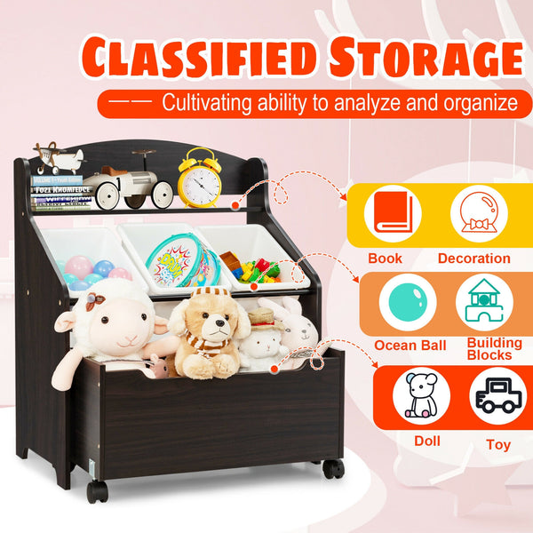 Kids wooden toy storage unit with rolling toy box and plastic bins, perfect for organizing playroom essentials.