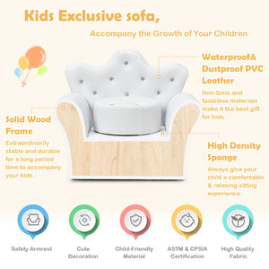 Pink kids sofa with armrests and ottoman, angled view showcasing cozy furniture for children's rooms.