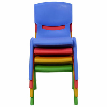 Colorful stackable plastic chairs for kids, perfect for playrooms and nurseries. Set of 4.