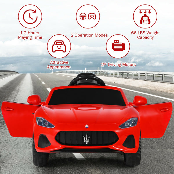 12V Kids Ride-On Car with Remote Control and Lights, angled view showcasing fun design and features for young drivers.
