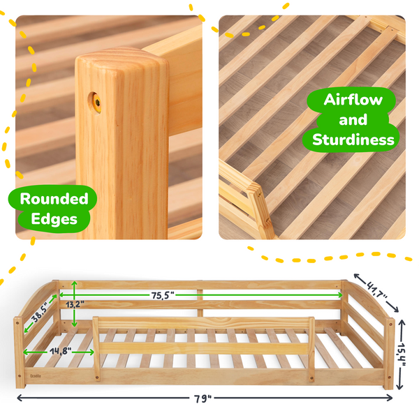 Twin Montessori-Inspired Floor Bed with Guardrails