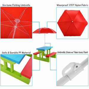 Kids picnic folding table and bench set with umbrella, perfect for outdoor play and family gatherings.