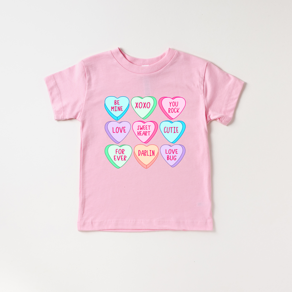 Colorful baby Conversation Hearts t-shirt at angle 6, perfect for playful and cute outfits.