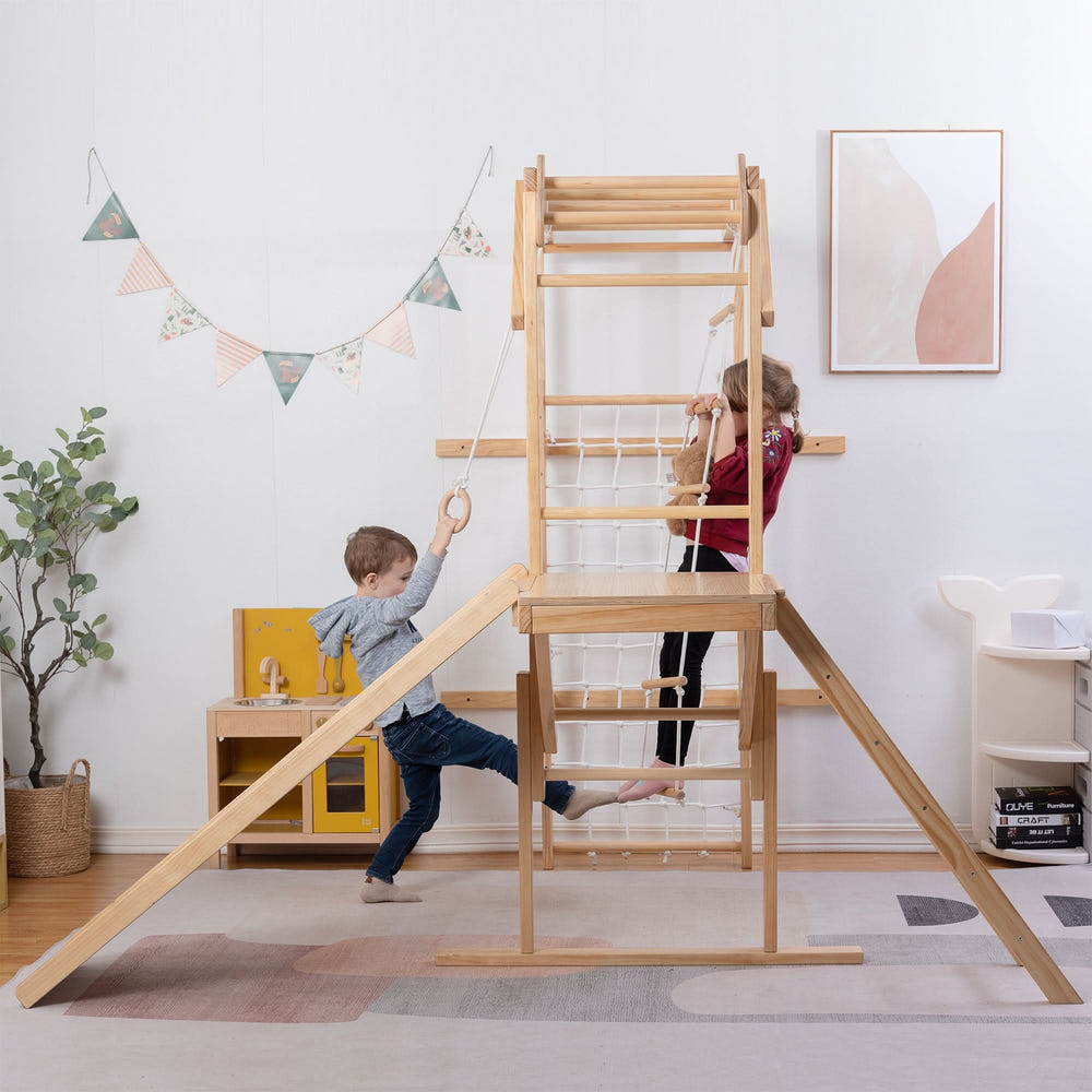 Foldable jungle gym for babies, wall-mounted, natural wood design, perfect for indoor play and development.
