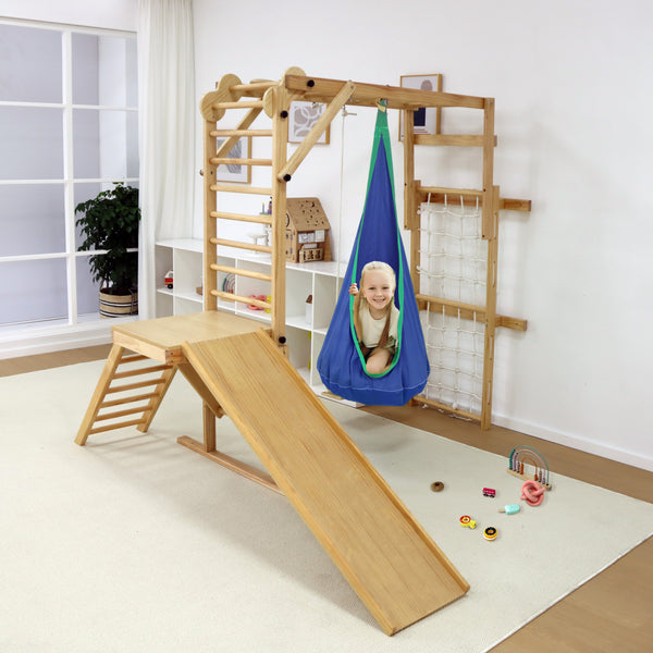 Avenlur Sensory Swing Hammock for indoor climbers in walnut, neem, and betula, shown at angle 7.