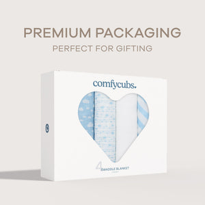 Blue muslin swaddle blankets, 4 pack, soft and breathable for newborns, displayed at an angle.