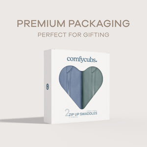Easy Zipper Swaddle Blankets in Nomadic Blue, Azul, angled view showcasing soft fabric and secure design for babies.