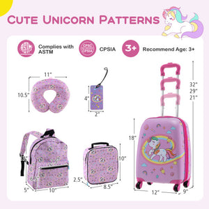 5 Piece Kids Luggage Set with Backpack  Neck Pillow  Name Tag  Lunch Bag-Hot Pink