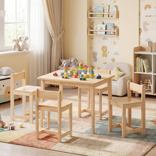 5-Piece Kids Table and Chairs Set Solid Rubber Wood Toddler Activity Table