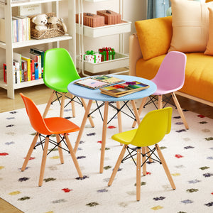 5-piece kids mid-century modern table and chairs set in playful colors, perfect for nurseries and playrooms.