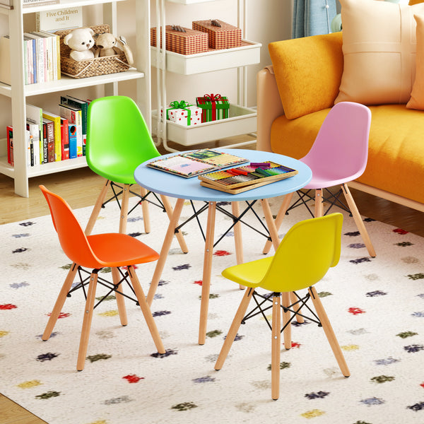 5-piece kids mid-century modern table and chairs set in playful colors, perfect for nurseries and playrooms.
