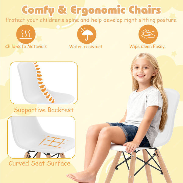 Mid-century modern kids table and chairs set, 5 pieces, stylish design for playrooms and nurseries, angle view.