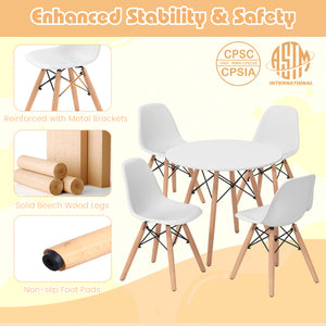 5-piece mid-century modern kids table and chairs set in playful colors, perfect for nurseries and playrooms.
