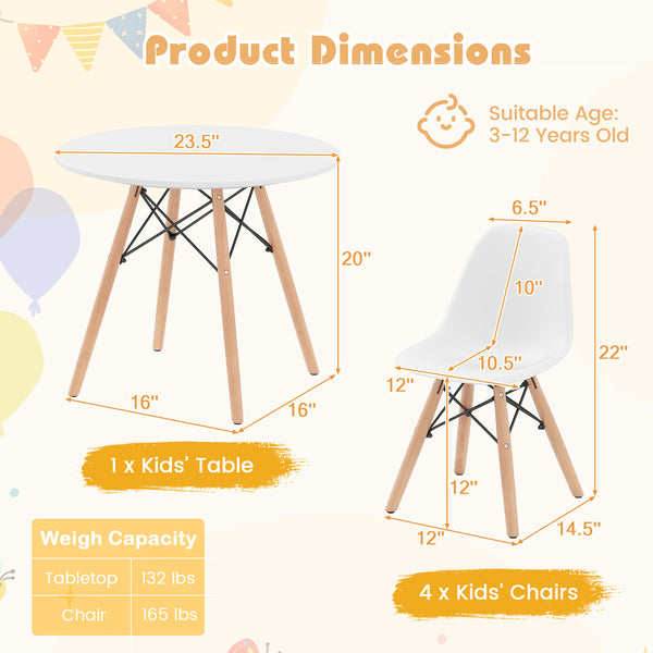 Kids mid-century modern table and chairs set, 5 pieces, perfect for playrooms and nurseries. Angle view.