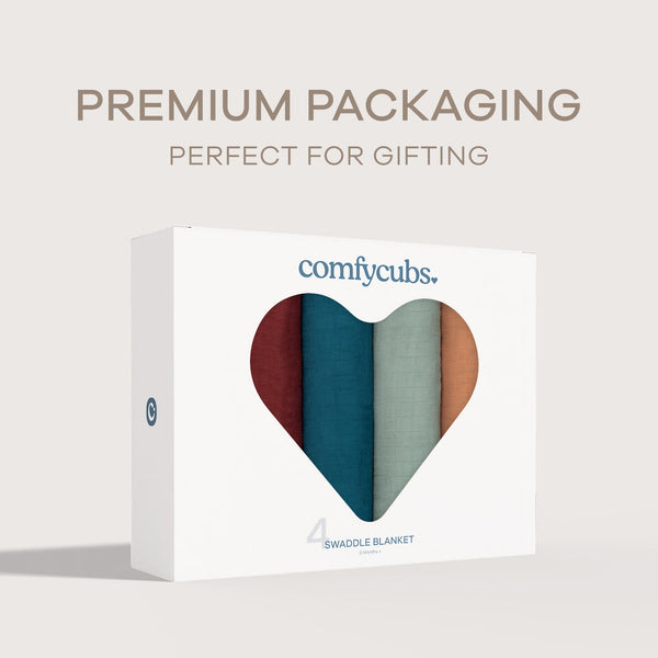 Muslin Swaddle Blankets in Wine, Neptune, Fern, Caramel, 4 Pack