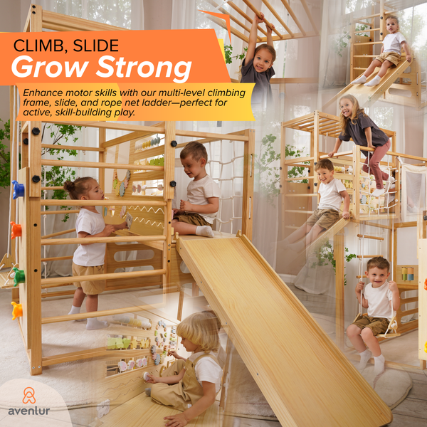 Alpine Adventure Indoor Play Gym: Climber, slide, and activity set for kids, showcasing fun and safe playtime.