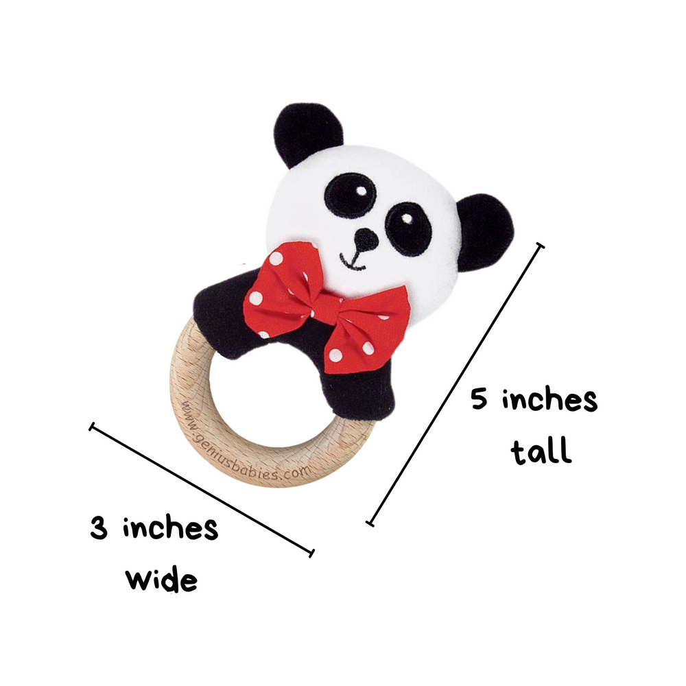 High-contrast black, white, and red baby rattle made of beechwood, perfect for sensory development.