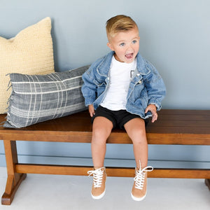 Natural high top sneakers for babies, stylish and comfortable, shown from angle 5. Perfect for little feet!