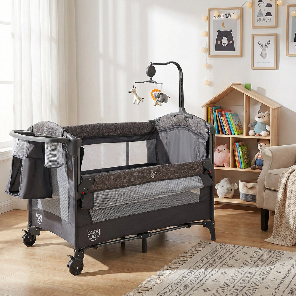 5-in-1 Gray Bedside Bassinet with Diaper Changer and Mattress for babies, perfect for safe and convenient sleeping.