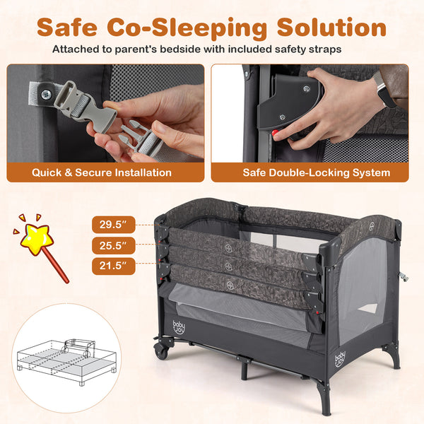 5-in-1 Bedside Bassinet with Diaper Changer and Mattress-Gray