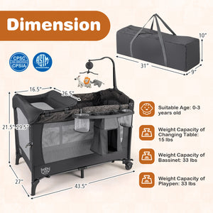 5-in-1 Bedside Bassinet with Diaper Changer and Mattress-Gray