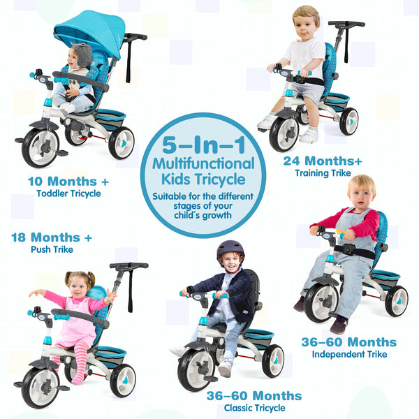5-in-1 detachable baby stroller tricycle with round canopy, showcasing versatility and comfort for kids.