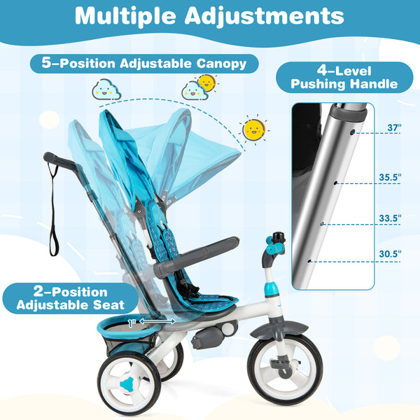 5-in-1 detachable baby stroller tricycle with round canopy, shown from angle 8, perfect for outdoor adventures.
