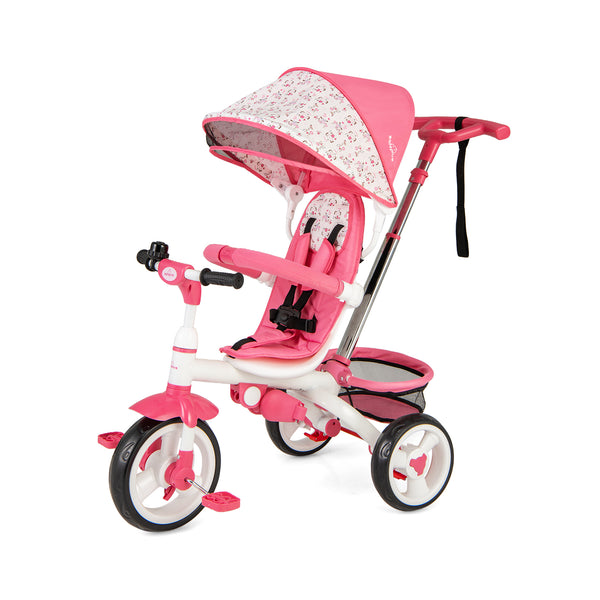 5-in-1 Detachable Baby Stroller Tricycle with Round Canopy, angled view showcasing design and features for kids.