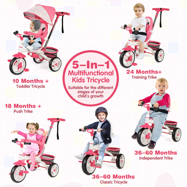 5-in-1 detachable baby stroller tricycle with round canopy, viewed from angle 14, perfect for outdoor adventures.