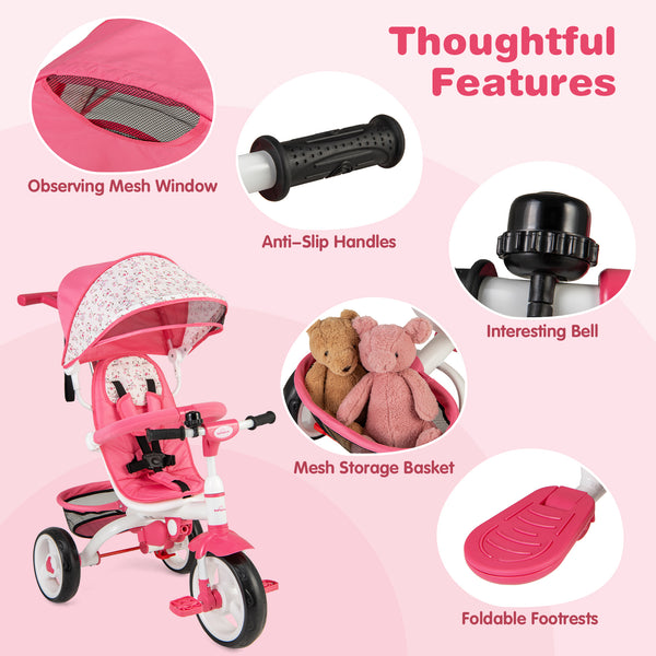 5-in-1 detachable baby stroller tricycle with round canopy, angled view showcasing design and features.