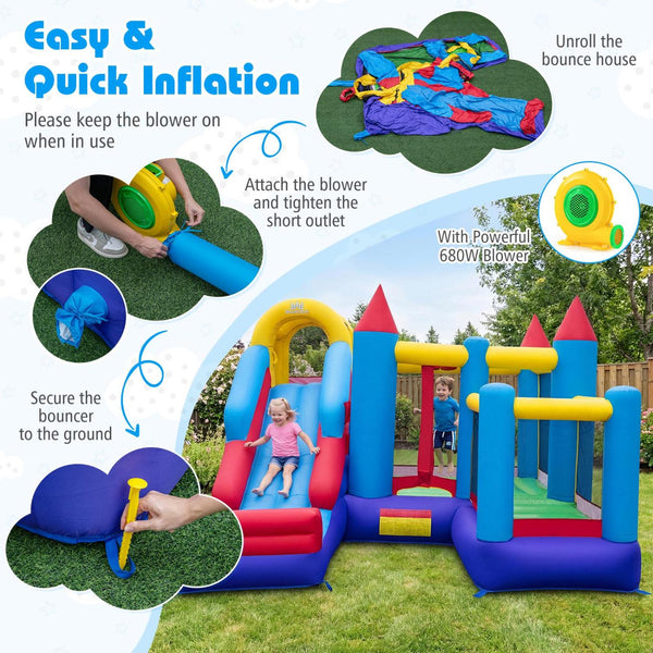 4-in-1 Kids Bouncer with Long Slide and Jumping Area for Yard and Lawn with 680W Blower