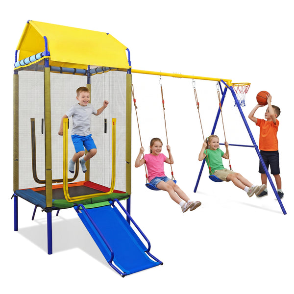 5-in-1 Kids Swing Set for Backyard with Heavy-duty Metal Swing Stand