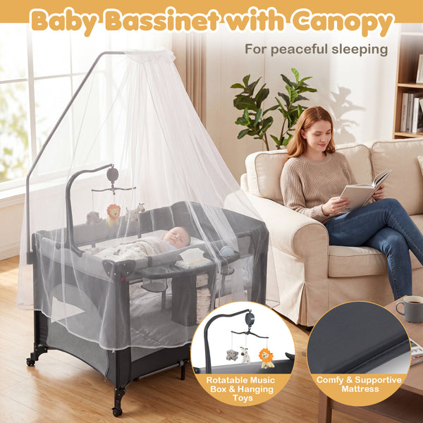 5 in 1 Portable Baby Pack and Play with Music Box and Hanging Toys