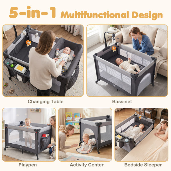 5 in 1 Portable Baby Pack and Play with Music Box and Hanging Toys