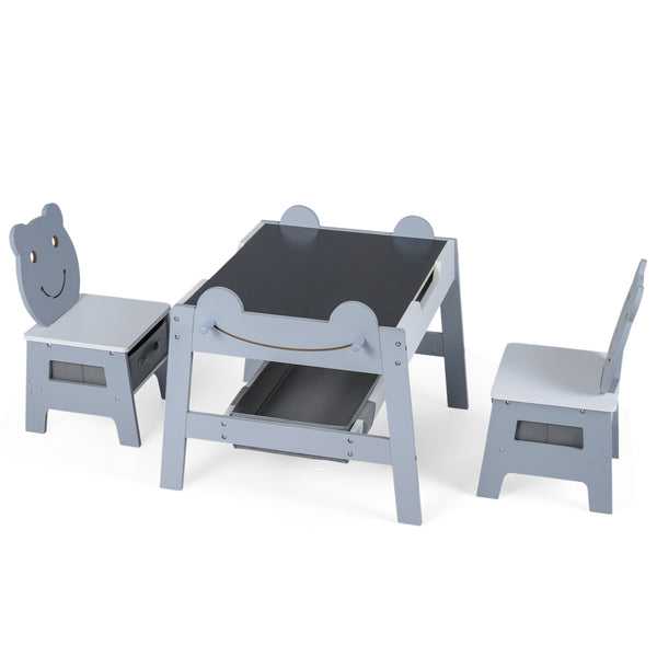 5-in-1 toddler table and 2 chairs set with reversible chalkboard and whiteboard for creative play.