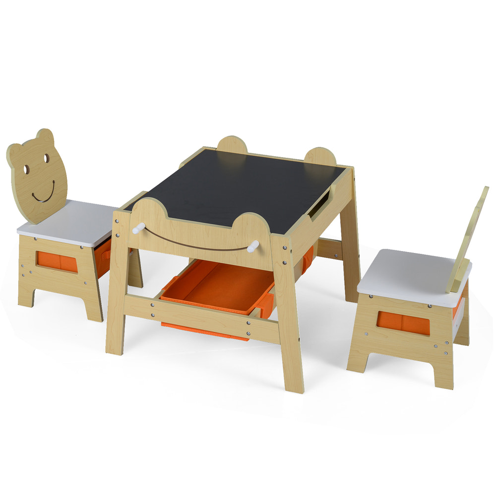 5-in-1 toddler table and 2 chairs set with reversible chalkboard and whiteboard for creative play.