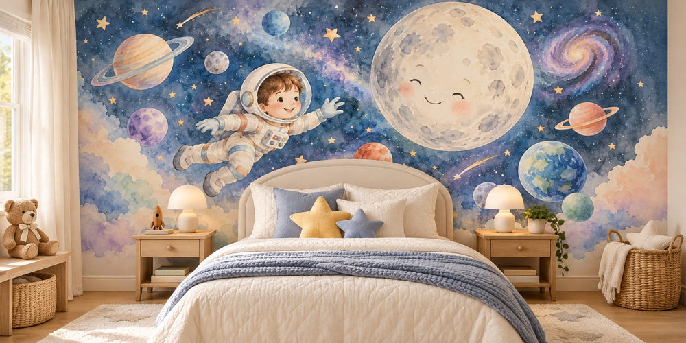 Watercolor Astronaut and Moon Wall Mural, image 1