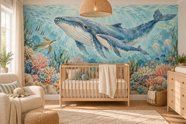 Watercolor Whale Family Ocean Wall Mural, image 1