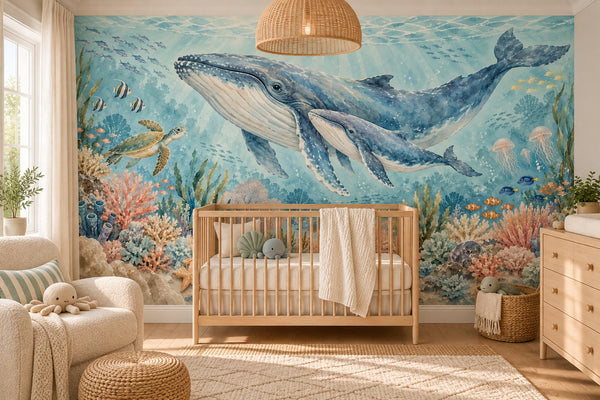 Watercolor Whale Family Ocean Wall Mural, image 1