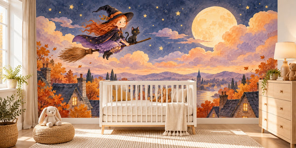 Watercolor Little Witch Halloween Wall Mural, image 1
